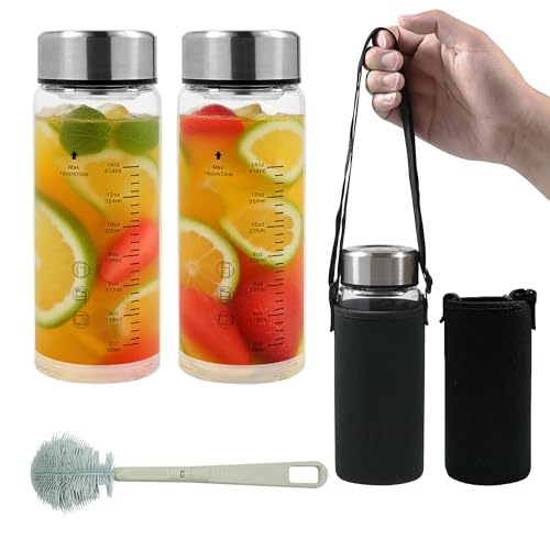 S 2 Pack 16 Oz,wide Mouth Glass Water Bottles With Lids And Sleeve,for Juicing, Smoothies, Milk, Protein, Reusable, Leak Proof, Shaker Bottle