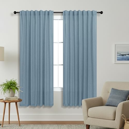 KOUFALL Stone Blue Back Tab Rod Pocket Linen Sheer Curtains for Bedroom 52x72 Inch Length