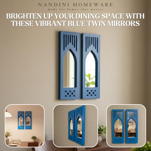 Image of Nandini Handcrafted Traditional Set of 2 MDF Wooden Mirror Jharokha Wall Art | Blue Modern Boho Style Decorative Mirror Wall Hangings (Blue Modern Set of 2)