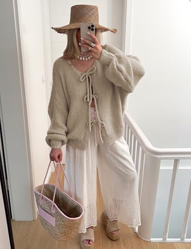 SKIKYAN Women Bowtie Oversized Knit Sweater Cardigan Y2K Long Sleeve V Neck Open Front Casual Knitwears3