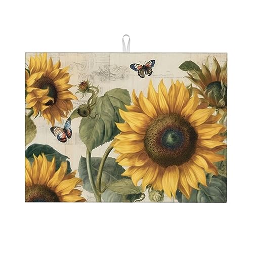 Sunflower and Butterfly Dish Drying Mat for Kitchen Counter Protector and Decoration Super Absorbent Double Sided Microfiber Coffee Bar Mat Dish Drainer Mat Fast Dry Pad Reusable Extra Large 18"x24"in
