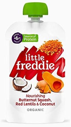 Little Freddie Organic Baby Food Stage 1 Butternut Squash Red Lentil and Coconut, 6x120g Pouches - from 6 Months, 720 gram