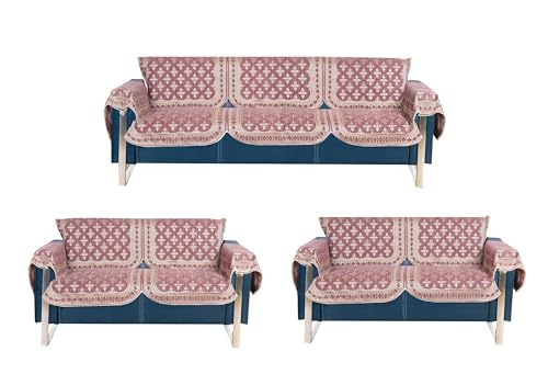 Image of Premium Chenille Woven Anti-Slip 7 Seater Sofa Cover with Armt Rest | L-Shape Sofa Seat Protector for Living Room | Durable & Stylish Slipcover - Onion Pink - Floral