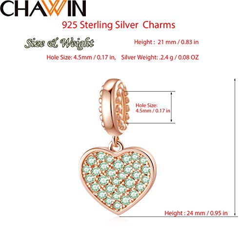 Chawin August Birthstone Charms, European Charms Sterling Silver Love Heart Pendant, 925 Gold Birthday Gift Fit Pandora Bracelet Charms, Necklace And Chain, Gifts For Wife, Sister, Spring Green Cz #TOP1