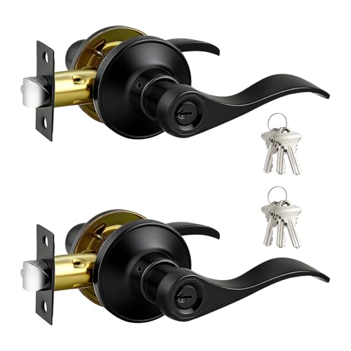Image of Gobrico Keyed-Alike 2 Pack Door Levers, Matte Black Door Handles with Lock and Key, Wave Style Knob Exterior Entry Door