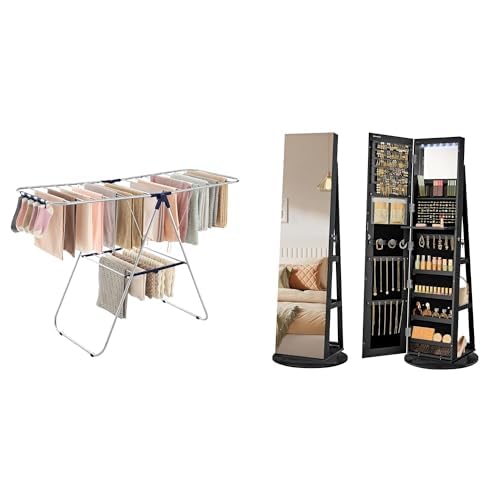 SONGMICS Clothes Drying Rack, 6 LEDs Lockable Mirror Jewelry Cabinet, ULLR52BU and UJJC007B01