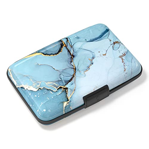 Image of Credit Card Holder, Mini Aluminum Card Wallet RFID Blocking Slim Metal Hard Card Case for Women Men, Blue Marble