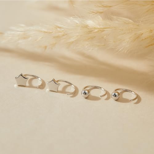 Image of CHIC & ARTSY 925 Sterling Silver Half Hoop Earrings for Women, Small Huggie Hoops Set with Ball Bar Star Moon Cross & Pearl, Lightweight Comfort Fit Everyday & Sleep Earrings