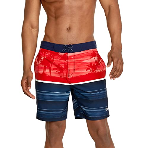 Speedo Men's Standard Swim Trunk Knee Length Boardshort Bondi Striped, 18" Oasis High Risk Red, X-Large