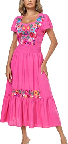 Image of Women's Summer Maxi Dress Casual Floral Embroidered Round Neck Short Sleeve Ruffle Tiered Dress Flowy Boho Beach Sundress