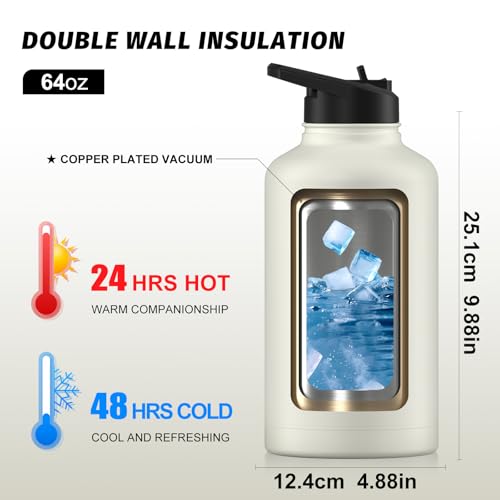 Image of 64oz Insulated Water Bottle (Cold for 48 Hrs),BPA Free&Leak Proof,Half Gallon Stainless Steel Water Flask,Water Jug with Straw Spout Lids for Gym,Hiking,Camping,White