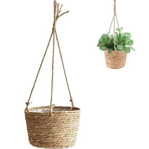 Ajxwde Hängender Pflanzkorb aus Seegras, 20cm Seegras Pflanzentopf, Blumentöpfe Hängende, Blumenampel Hängend Innen (Brown)