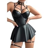 GIVTULIP Damen Sexy Lederkleid Wetlook Kleid Lackleder Minikleid PU Leder Dessous mit Choker, Korsage & Mini Rock mit Strumpfhaltern, A-Linie Partykleid, Latex Unterwäsche Clubwear Cosplay Kostüm