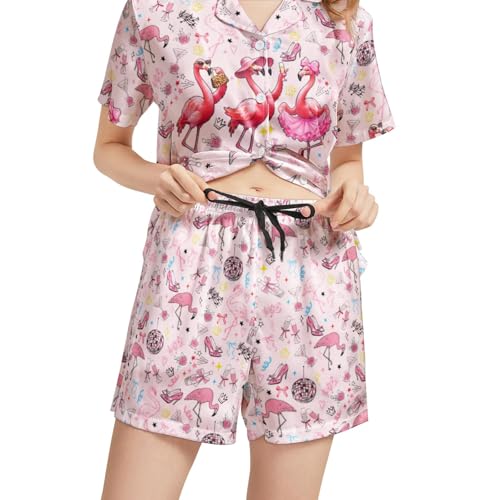 Image of Funny Satin Pajamas Set for Women Button Down Sleepwear Print Pjs Set 2 Piece Short Sleeve Loungewear Gift for Women