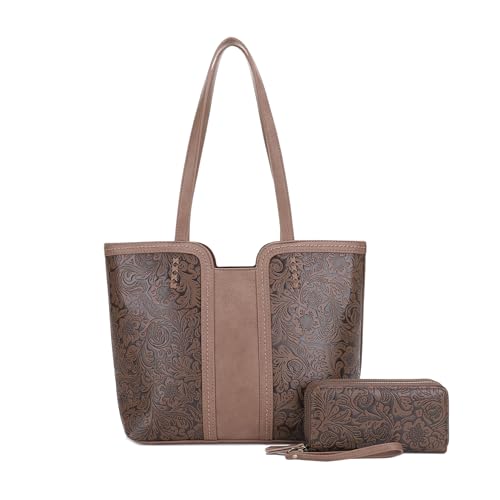 JESSIE & JAMES | Cassidy Tooled Women Concealed Carry Tote Bag with Lock and Key, Top Handle Shoulder Bag with Wristlet Taupe