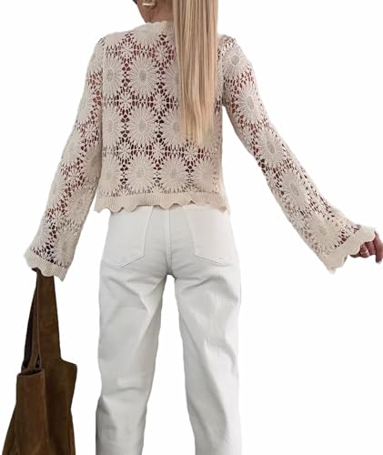 SOMTHRON Women's Boho Hollow Out Crochet Knit Crop Cover Up Long Sleeve Button Down Beach Shirt Tops2