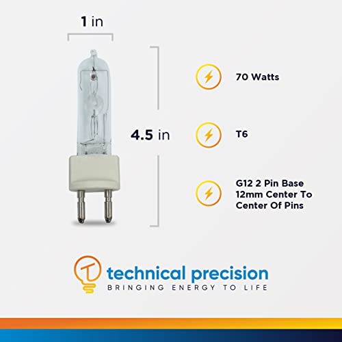 Technical Precision 70 Watt Metal Halide Bulb Powerball Light Arc Bulb Replacement for Iwasaki CMT70/U/942/G12 Light Bulb G12 2-Pin Base - 4000K - 9000 Hours - 5800 Lumens - Clear - 1 Pack