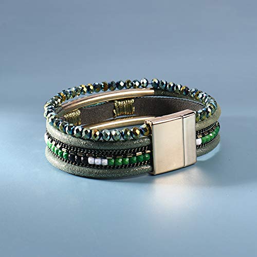 Fancy Shiny Leather Wrap Bracelets Crystal Beads Bracelet Boho Cuff Stone Charm Bracelets With Clasp Costume Jewelry For Women(Dark Green) #TOP4