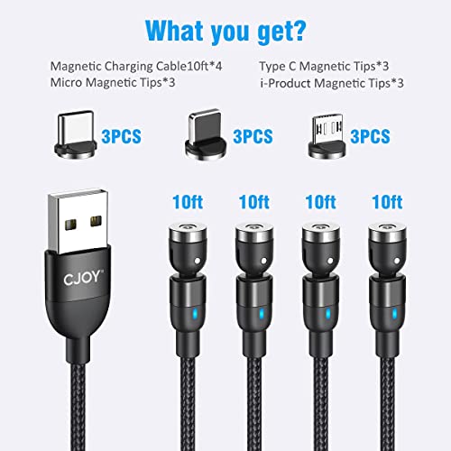 Cjoy Magnetic Charging Cable(4 Pack 10Ft+10Ft+10Ft+10Ft), 540°Degree Rotation Magnetic Usb Cable, Nylon Braided Magnetic Phone Charger, For Type C, Micro Usb… #TOP5