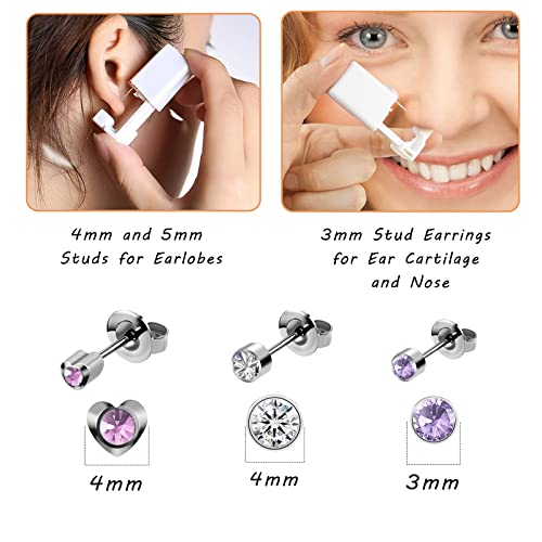 Ear Piercing Gun Disposable Self Piercing Gun with studs Safety Painless Ear Gun Kit with Clean Tool and Ruler Nose Cartilage Pierce Kit for Women Girls (Pink Heart & White & Purple) - Thumbnail 2