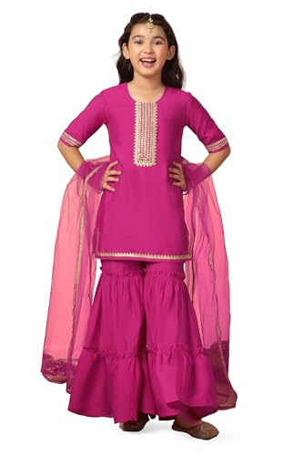 Image of Fashion Dream Girl's Chanderi Silk Ethnic Kurta and Sharara Set|Kids Salwar Suit Set|Sharara Set for Girls