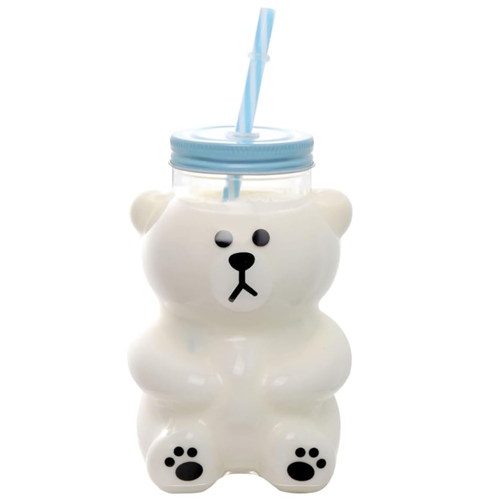 Vjsujehgy Glass Sippy Cup 18.6oz with Lid and Straw Cute Kawaii Bear Design for Beverages(Straw Color Random) Serious Bear