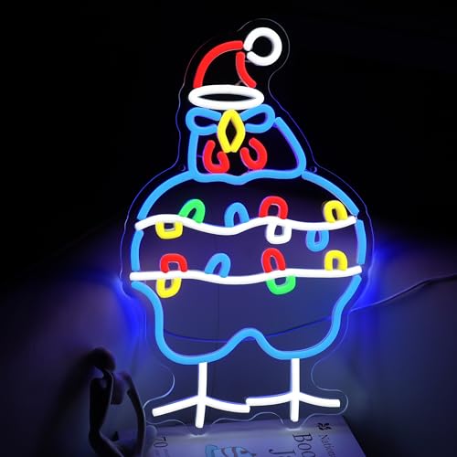 Image of GNVETZLL Chicken Christmas Neon Sign Santa Hat Neon Light Sign Merry Christmas Rooster Neon Light for New Year Party Living Room Club Decoration(16.54 * 10.43In)