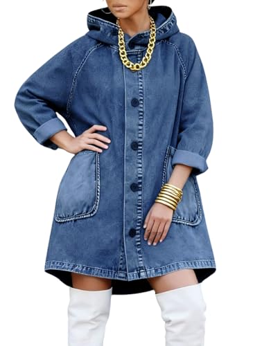 chouyatou Women Spring Hooded Jean Jacket Loose Casual Boyfriend Button Down Midi Long Denim Jacket Coat (Large, Blue)