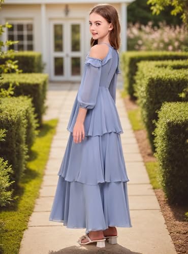 Chiffon Junior Bridesmaid Dress Tiered Halter Cold Shoulder Sleeve Long A-Line Princess Pageant Flower Girl Dress4