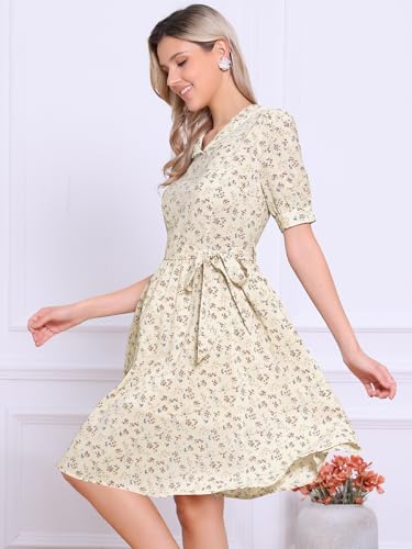 Image of Allegra K Women's Vintage Peter Pan Collar High Waist Flowy Midi Puff Sleeve Floral Dress