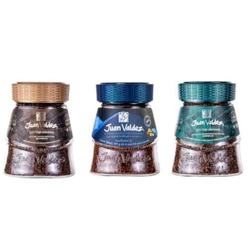 Pack 3 Café Colombiano Liofilizado Premium 95 g c/u – Clásico, Avellana y Descafeinado – 100% Café Colombiano J. Valdez – Hasta 189 Tazas – Café Instantáneo Gourmet