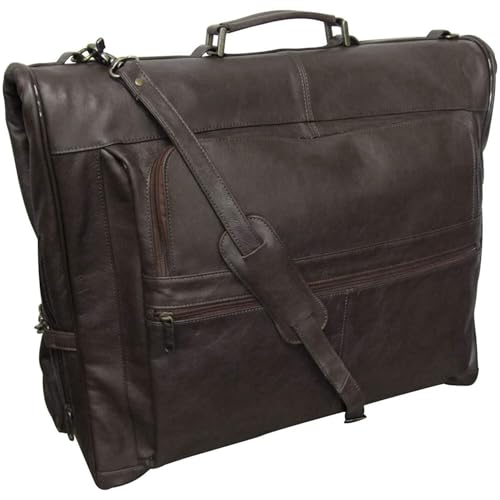 Leather Three-Suit Garment Bag in Top Grain Genuine Leather with Shoulder Strap, Spacious Compartments, and Wrinkle-Free Suit Holder, 23