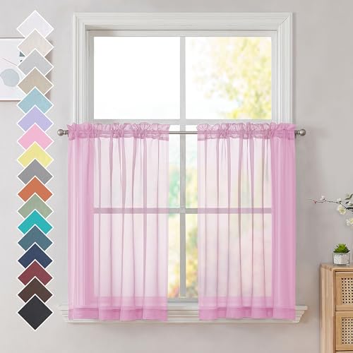 Image of OVZME Light Pink Sheer Curtains 36 inch Length Kitchen Tiers Short Voile Curtains /Drapes Solid Sheers Cafe Curtains Voile Bathroom Small Half Window Curtains 2 Panels Set, Rod Pocket, 42 inch Wx36 L