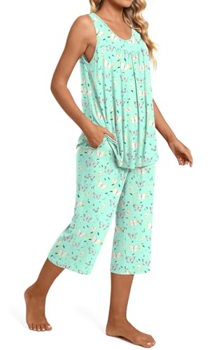 Image of TAOHUADAO Womens Summer 2 Piece Pajama Sets, Sleeveless Tops with Capri Pants, Lounge Ladies Pjs Sets with Pockets