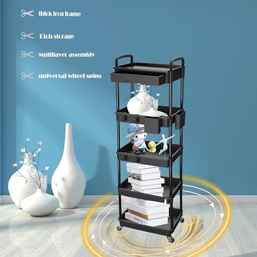 Image of 5 Tier Rolling Utility Cart with Drawer,REBECAT Utility Cart Made of Multifunctional Storage Organizer Tool for Kitchen,Bathroom,Living Room,Office(Black)