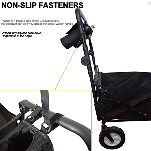 Non-Slip Organizer for Wagon, Parent Console Caddy with Cup Holders Universal for Folding Kids Pet Stroller Adjustable Straps Zippered Pockets Storage Phone Bag Attachment Accessories Black