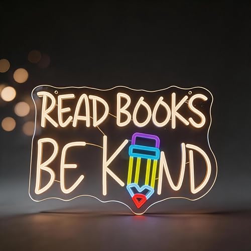 Image of inchRead Books Be Kind inch Classroom LED Neon Sign | 16.5 inch x 10.4 inch, Pencil Wall Decor, Inspirational Quote Light, Library Classroom Study Room Home Office