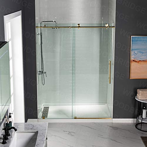 Woodbridge Frameless Sliding Shower Door, 44"-48" Width, 76" Height, 3/8" (10 Mm) Clear Tempered Glass, Finish, Designed For Smooth Door Closing. Brushed Gold. #TOP1
