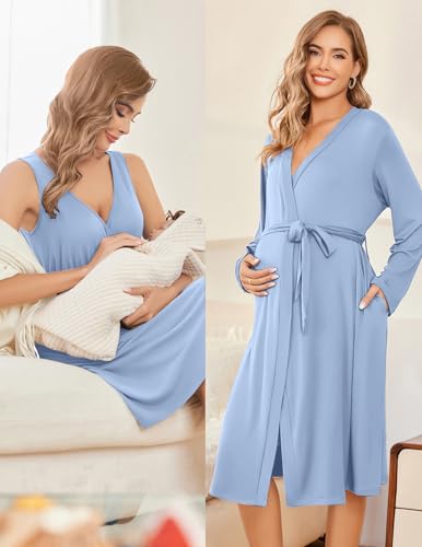 Image of Ekouaer Maternity Nursing Gown and Robe Set Labor Delivery Nursing Nightgowns for Breastfeeding Pregnancy Clothes