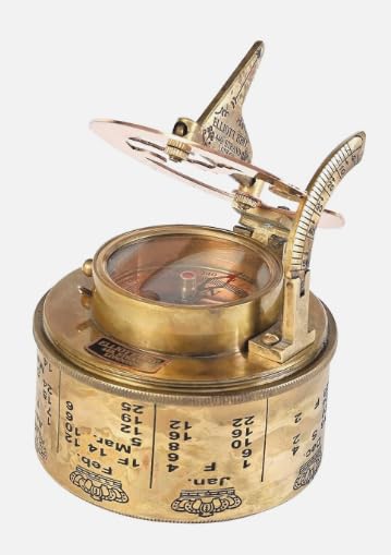 Brújula de bolsillo con reloj de sol de latón con estuche de cuero – Navegación marítima vintage coleccionable miniatura 2
