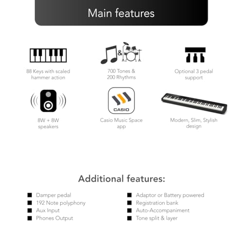 Casio Privia PX-S3100BK Electronic Piano, Multi-functional Type, Black, 88 Keys, Slim Design, 700 Tone Colors