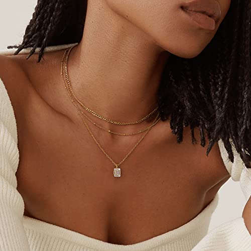 Kissyan Diamond Necklaces For Women, Dainty 14K Gold Plated Layered Cubic Zirconia Solitaire Pendant Choker Chain Necklace Simple Baguette Cz Trendy Jewelry Gifts For Girls(Round Rectangle) #TOP2
