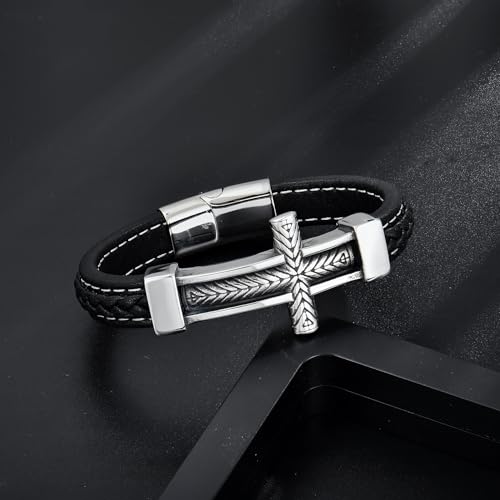 Men's Leather Cross Bracelet, Stainless Steel Religious Sideway Cross Faith Bracelet Bangle Christian Prayer Jewelry Gift for Men2