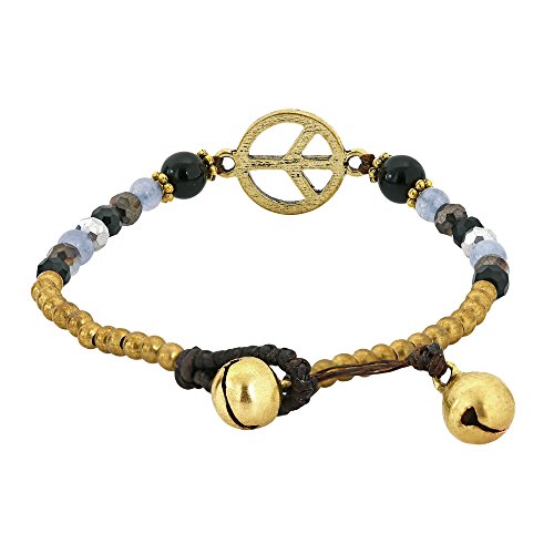 Aeravida Vintage Peace Sign With Simulated Black Onyx & Simulated Quartz Beads & Brass Beads Handmade Link Bracelet | Peace Sign Bracelet For Women #TOP2