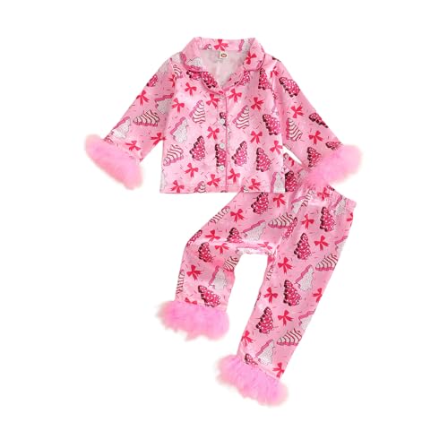 Kavousa Toddler Girls Christmas Pajamas Gingerbread Man/Christmas Tree Print Laple Button Up Pajama Set Fuzzy Satin Nightgown (Pink, 2-3 Years)