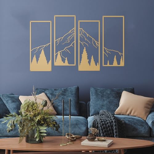 ruelen 4 Pcs Metal Mountain and Forest Wall Decor Line Drawing Wall Art Abstract Minimalist Wall Decor Rustic Nature Home Wall Art Sculpture for Home Office Bedroom Bathroom Living Room (Gold - Image 3