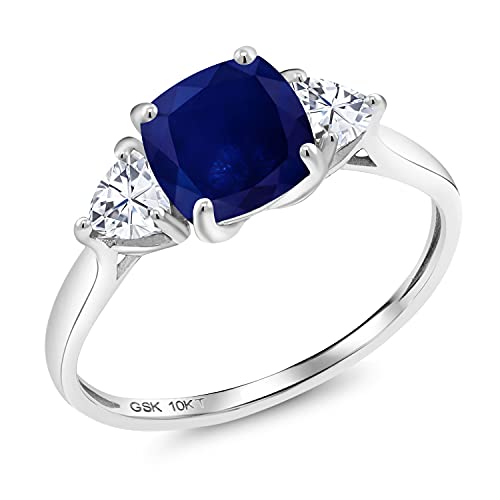 Gem Stone King 10K White Gold Blue Sapphire and White Moissanite Engagement Ring | 2.46 Cttw | 7MM Cushion and 4MM Trillion | 3 Stone Wedding Engagement Anniversary Promise Ring For Women