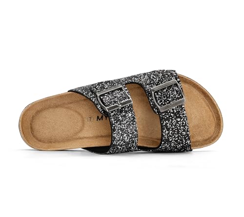 Image of mysoft Womens Flat Sandals Cork Footbed Slides with 2 Straps | Adjustable Buckle Slip On Comfortable Casual Light Weight Summer sandals