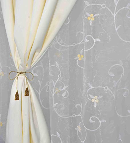 Image of Polyester Embroidered Double Door Cutrtain Pack of 2(7 Feet, Pearl White Embroidery + Ivory Blackout)