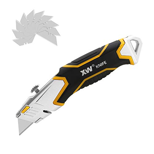 XW Retractable Utility Knife, Heavy Duty Box Cutter with 4 Spare Blade Storage in Handle,10 Extra Blades